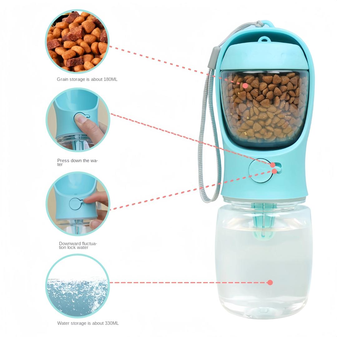 Portable Dog Water Bottle with Food Storage – 3-in-1 Travel Dispenser (350ml/550ml) for Dogs & Cats, Leak-Proof, BPA-Free, with Built-in Filtration & Waste Bag Holder – Perfect for Walking, Hiking & Outdoor Adventures