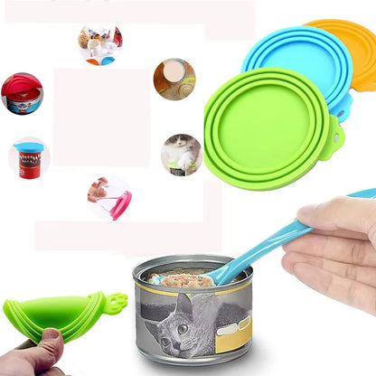 2Pcs/Set Reusable Silicone Pet Food Can Lid with Spoon – One Lid, Three Sizes! | Airtight Storage for Dogs & Cats